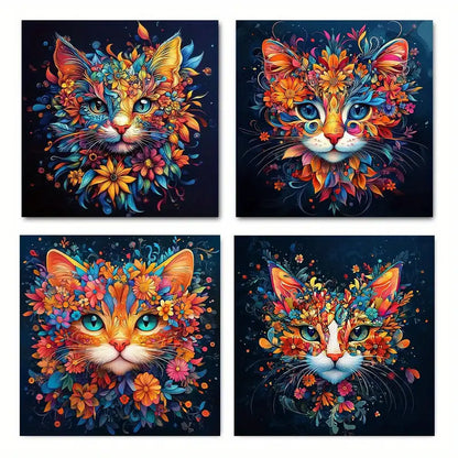4pcs  Colorful Floral Feline Wall Art Canvas Framed
