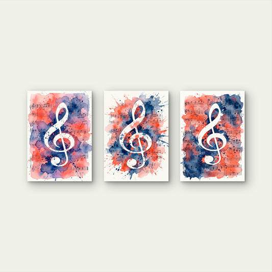 3pcs Watercolor Music Notes Treble Clef Sheet Music Splatter Red Blue Wall Art Set Canvas Framed 40x60cm - High Quality Print 100% Australian Made Wall Canvas Ready to Hang