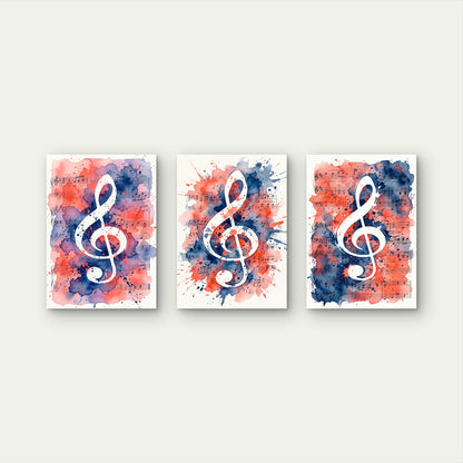 3pcs Watercolor Music Notes Treble Clef Sheet Music Splatter Red Blue Wall Art Set Canvas Framed 60x90cm- High Quality Print 100% Australian Made Wall Canvas Ready to Hang