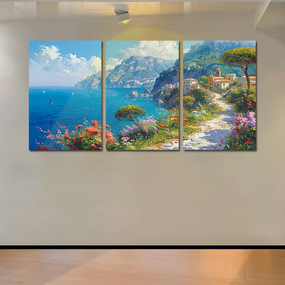 3pcs Vibrant Mediterranean Landscape with Floral Wall Art Set Canvas Framed 40x60cm - High Quality Print 100% Australian Made Wall Canvas Ready to Hang