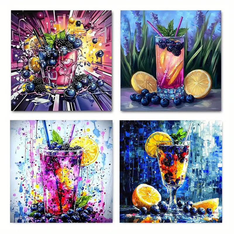 4pcs Vibrant Cocktail Art Prints Wall Art Canvas Framed