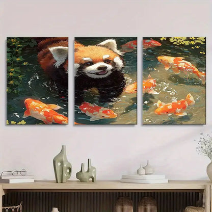 3pcs Red Panda & Koi Fish In Water Metal Print Ready to Hang Art