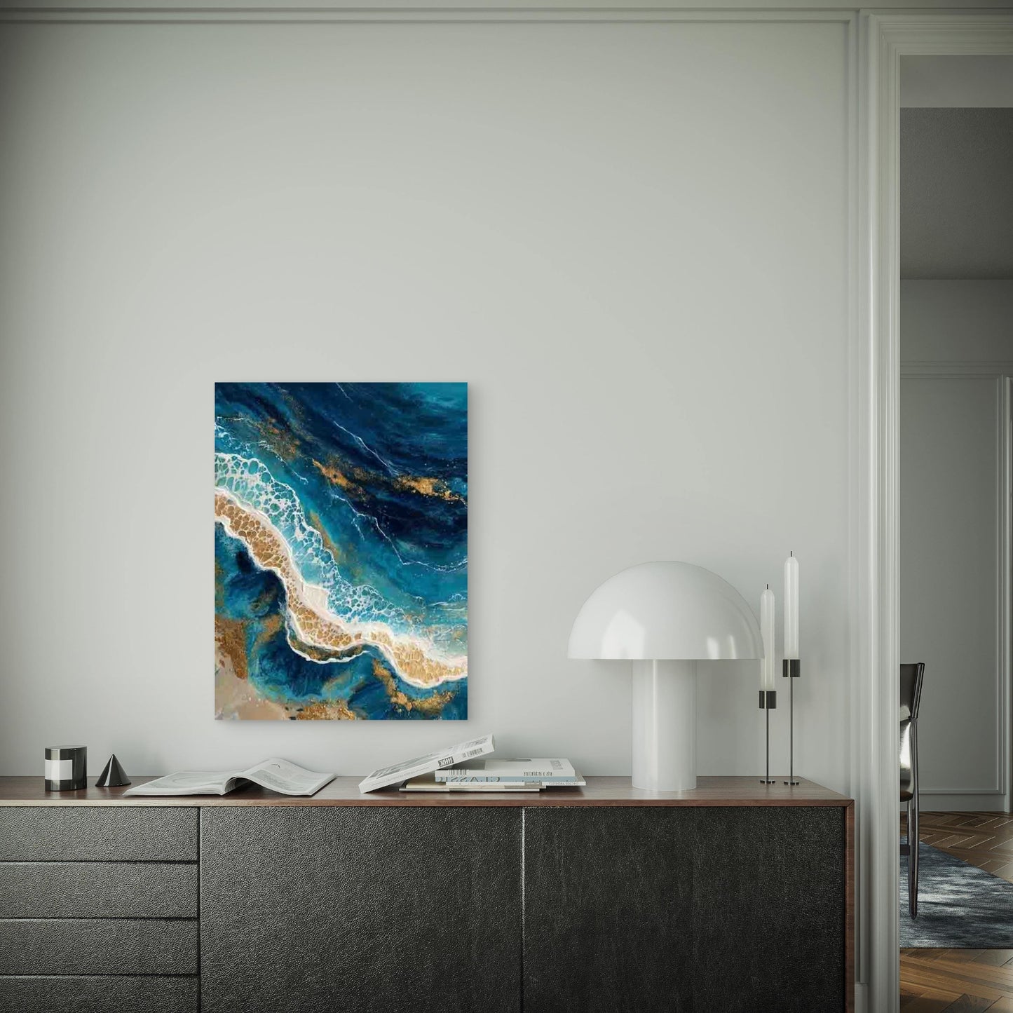 Blue & Golden Abstract Ocean Painting 60x90cm Metal Print Ready to Hang
