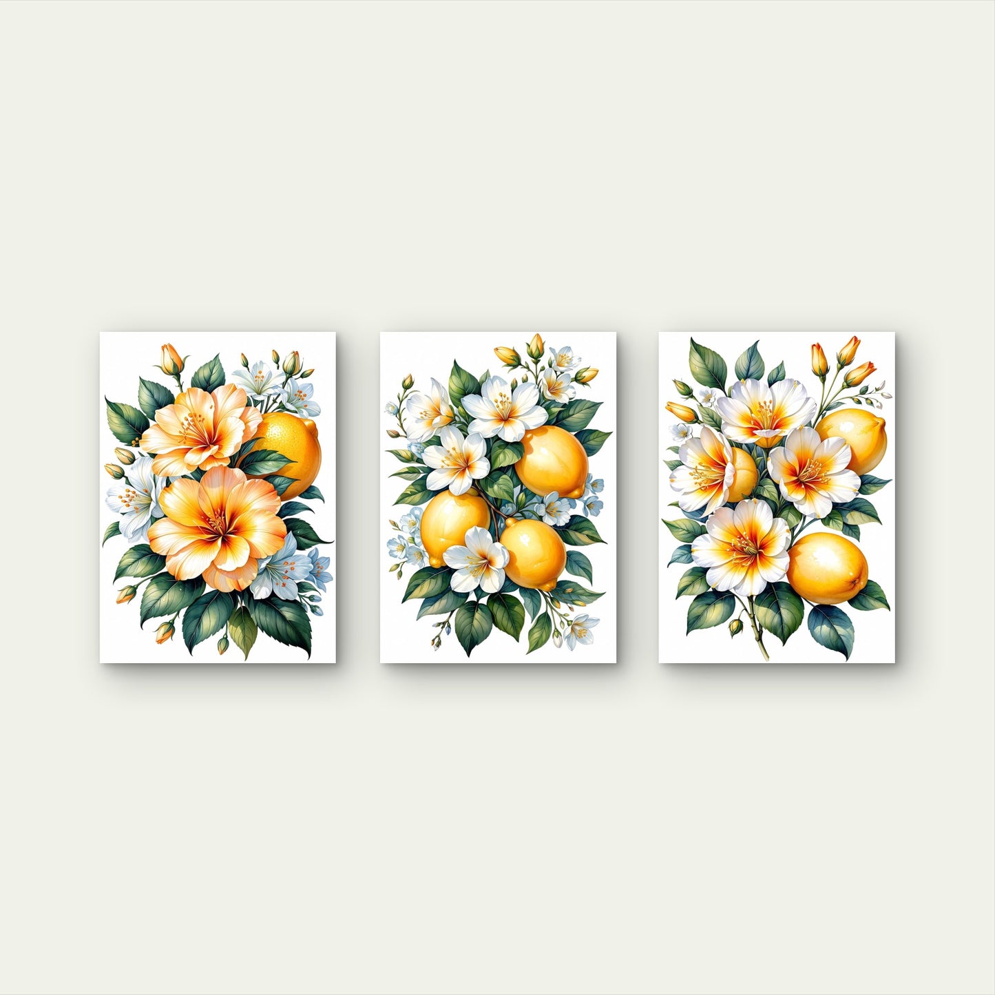 3pcs Yellow Lemons And White Floral Botanical Illustration Wall Art Set Canvas Framed 40x60cm - High Quality Print 100% Australian Made Wall Canvas Ready to Hang