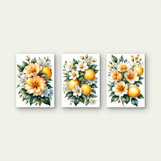 3pcs Yellow Lemons And White Floral Botanical Illustration Wall Art Set Canvas Framed 40x60cm - High Quality Print 100% Australian Made Wall Canvas Ready to Hang