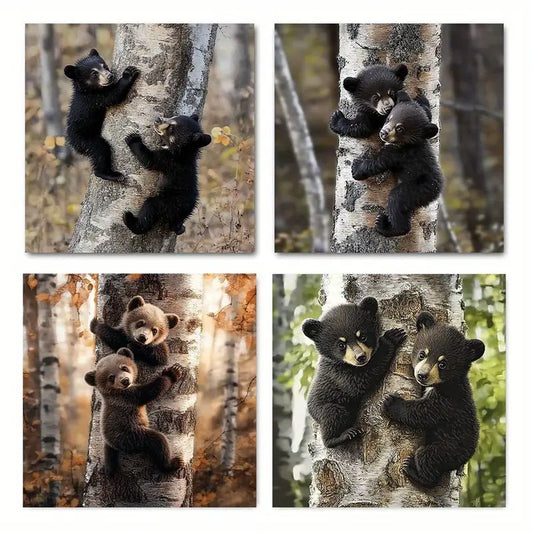 4pcs Charming Black Bear Cubs Canvas Art Prints Wall Art Canvas Framed