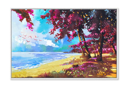 Pink Trees On The Beach Summer Landscape Oil Painting Limited Edition High Quality Print Canvas Box Framed White