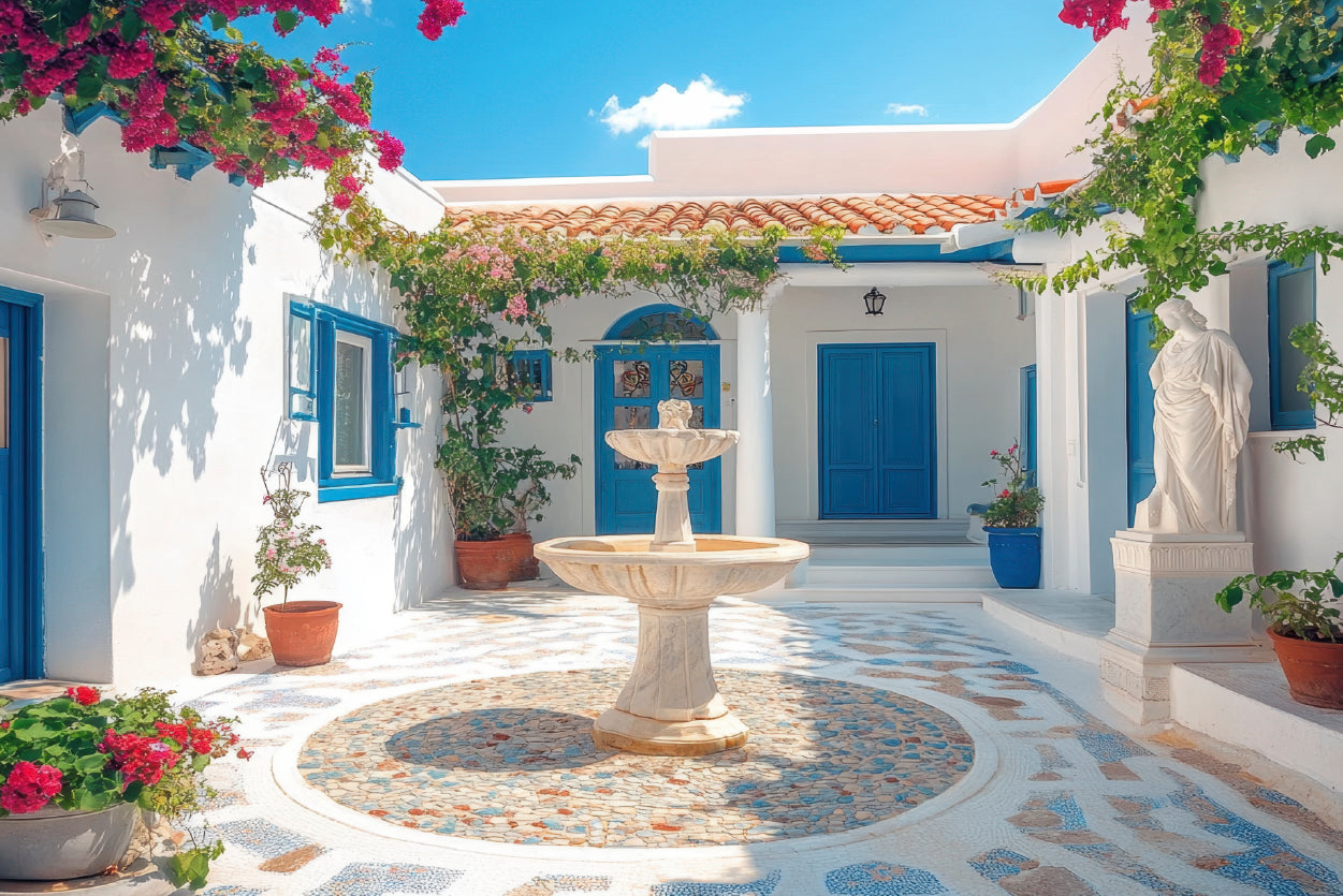 Courtyard with a Fountain and a Statue of a Woman Home Decor Premium Quality Poster Print Choose Your Sizes