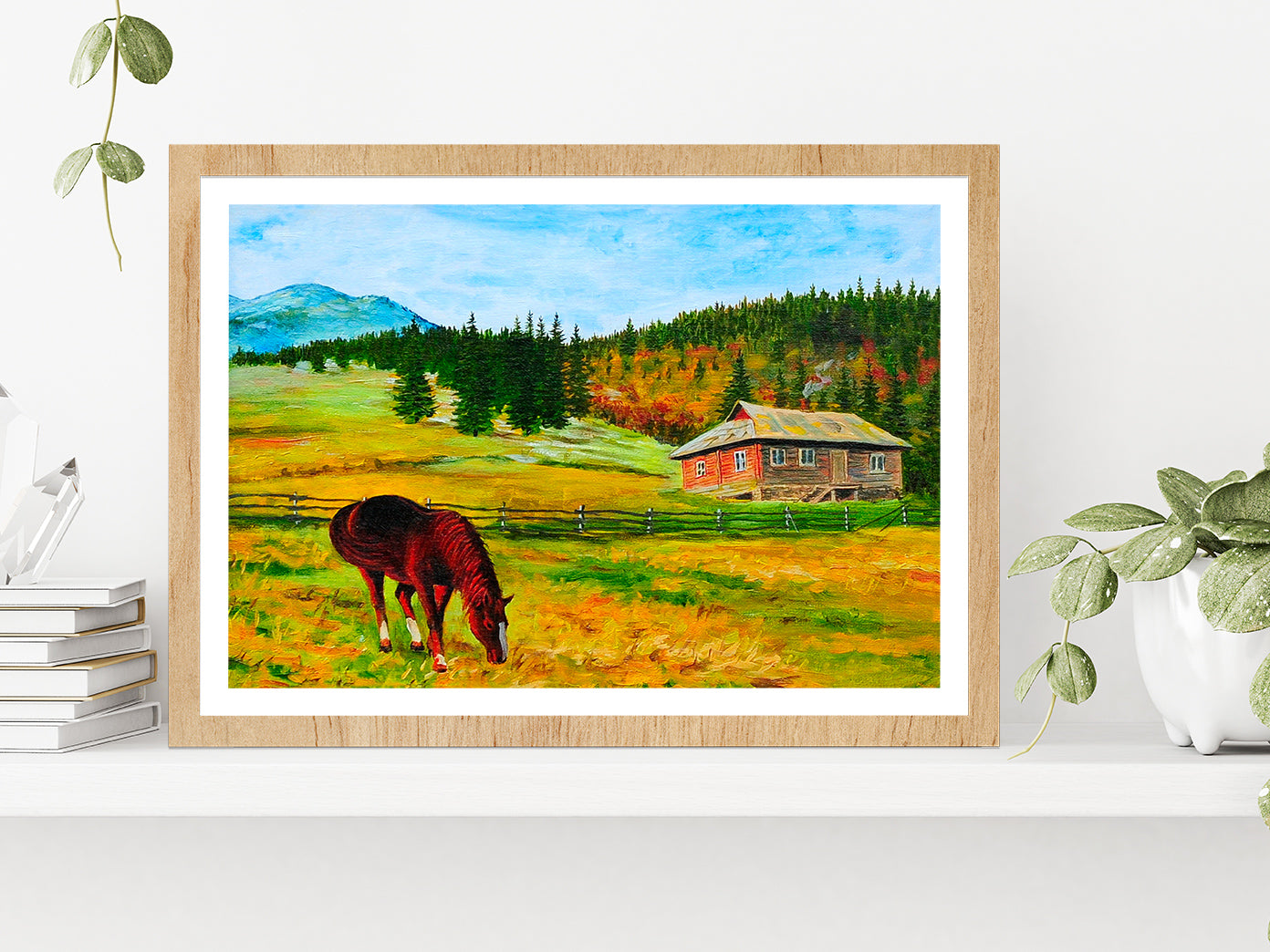 Horse Near The House Mountain Landscape Oil Painting Glass Framed Wall Art, Ready to Hang Quality Print With White Border Oak