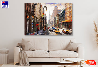 People on New York Street & Yellow Taxi Watercolor Painting Wall Art Limited Edition High Quality Print