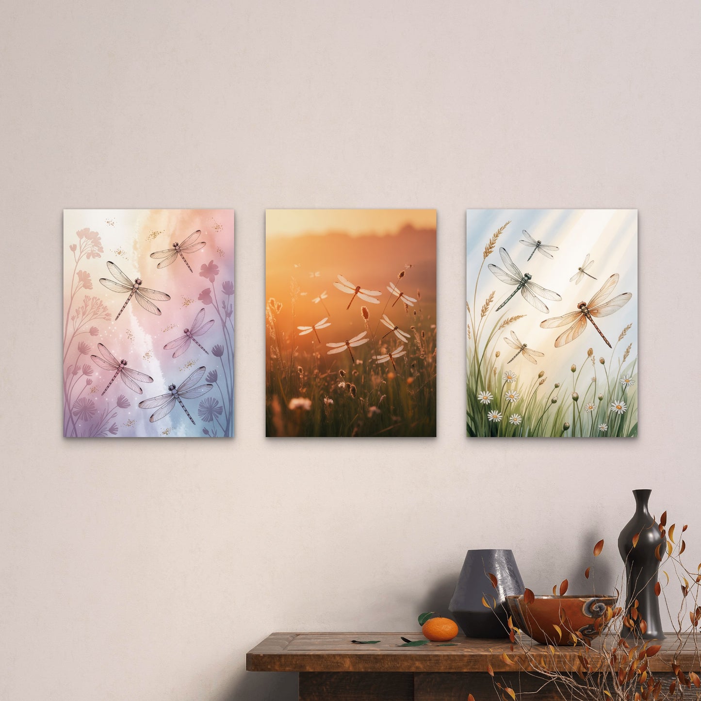 3pcs Pastel Meadow Golden Sunset Dragonfly Painting Wall Art Set Canvas Framed 40x60cm - High Quality Print 100% Australian Made Wall Canvas Ready to Hang