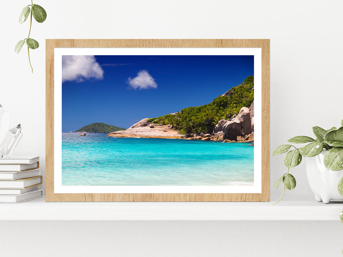 Tropical Beach With Palm Trees Glass Framed Wall Art, Ready to Hang Quality Print With White Border Oak