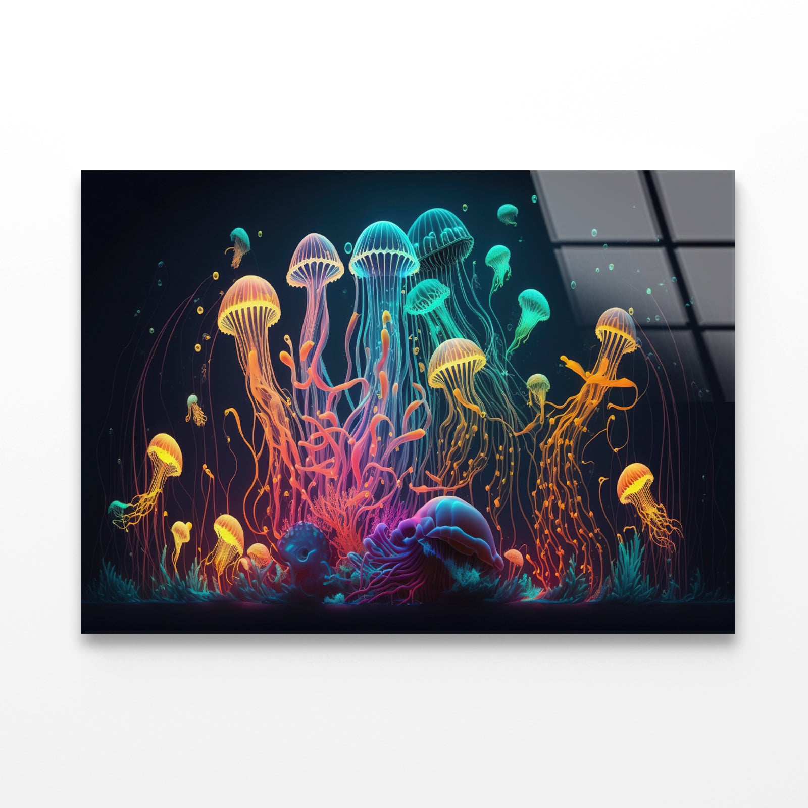 Colorful Jellyfish and Fish Float In an Ocean Acrylic Glass Print Tempered Glass Wall Art 100% Made in Australia Ready to Hang - Bella Home Decor