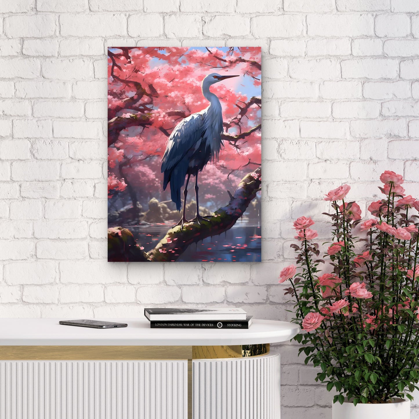 White Egret Heron Sakura Garden 40x60cm Metal Print Ready to Hang