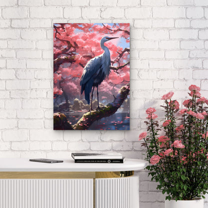 White Egret Heron Sakura Garden 40x60cm Metal Print Ready to Hang