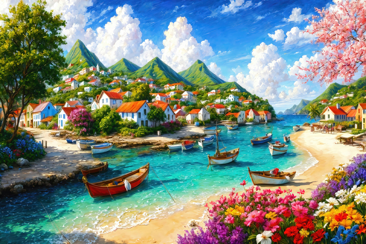 Town, Sea & Mountains in the Background View Home Decor Premium Quality Poster Print Choose Your Sizes