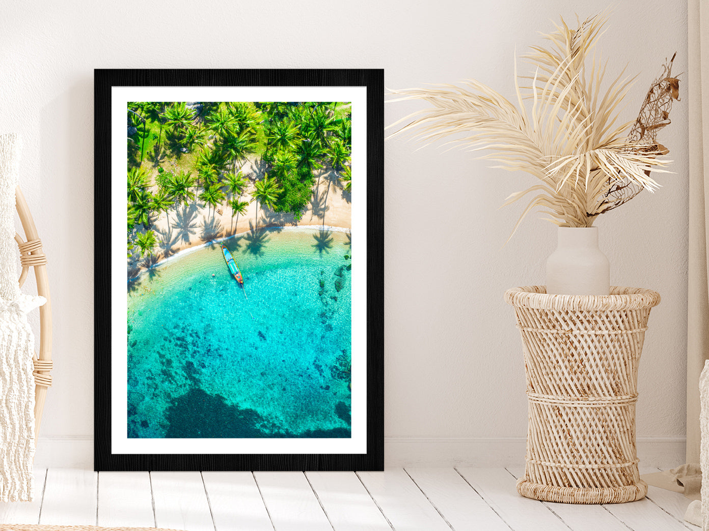 Aerial View Tropical Beach Sai Nuan Glass Framed Wall Art, Ready to Hang Quality Print With White Border Black