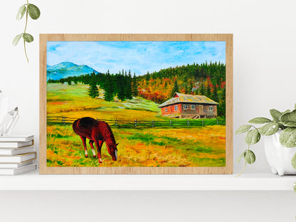 Horse Near The House Mountain Landscape Oil Painting Glass Framed Wall Art, Ready to Hang Quality Print Without White Border Oak