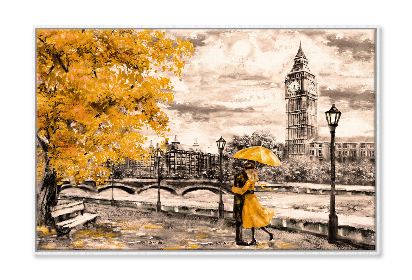 Yellow Tree & Couple near Big Ben Bridge & River Painting Wall Art Limited Edition High Quality Print Canvas Box Framed White