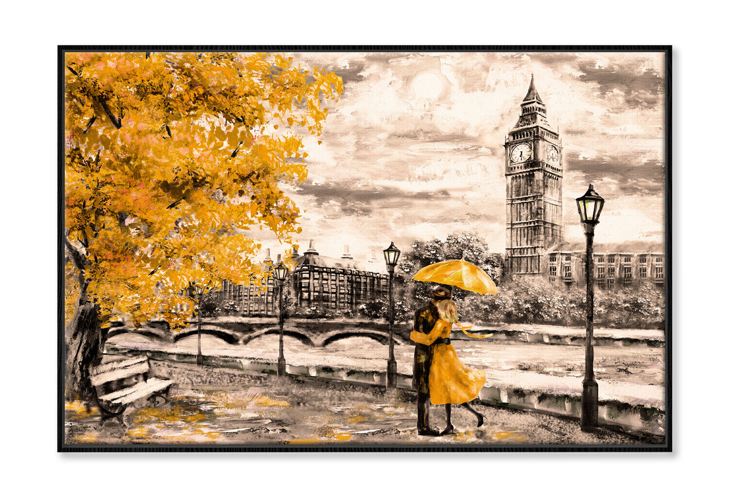 Yellow Tree & Couple near Big Ben Bridge & River Painting Wall Art Limited Edition High Quality Print Canvas Box Framed Black