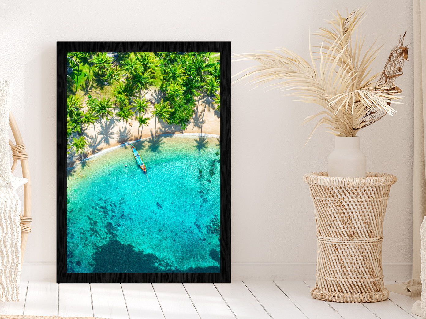 Aerial View Tropical Beach Sai Nuan Glass Framed Wall Art, Ready to Hang Quality Print Without White Border Black