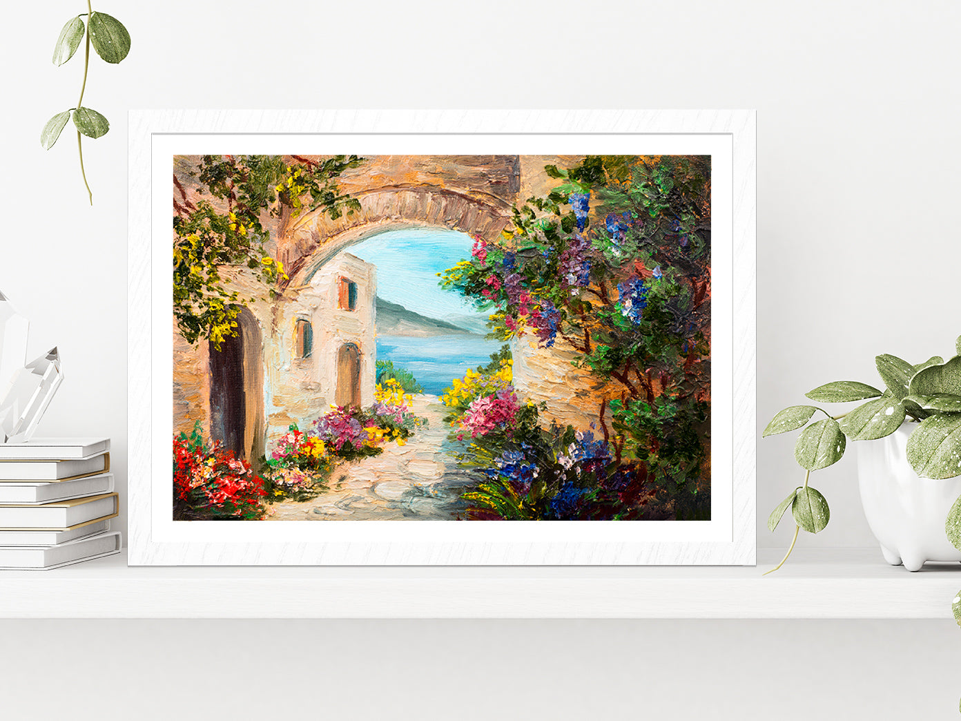 House Near The Sea Painting Glass Framed Wall Art, Ready to Hang Quality Print With White Border White