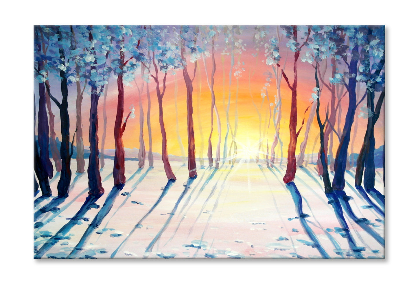 Trees on Snow Field Sunset Sky Oil Painting Wall Art Limited Edition High Quality Print Stretched Canvas None