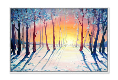 Trees on Snow Field Sunset Sky Oil Painting Wall Art Limited Edition High Quality Print Canvas Box Framed White