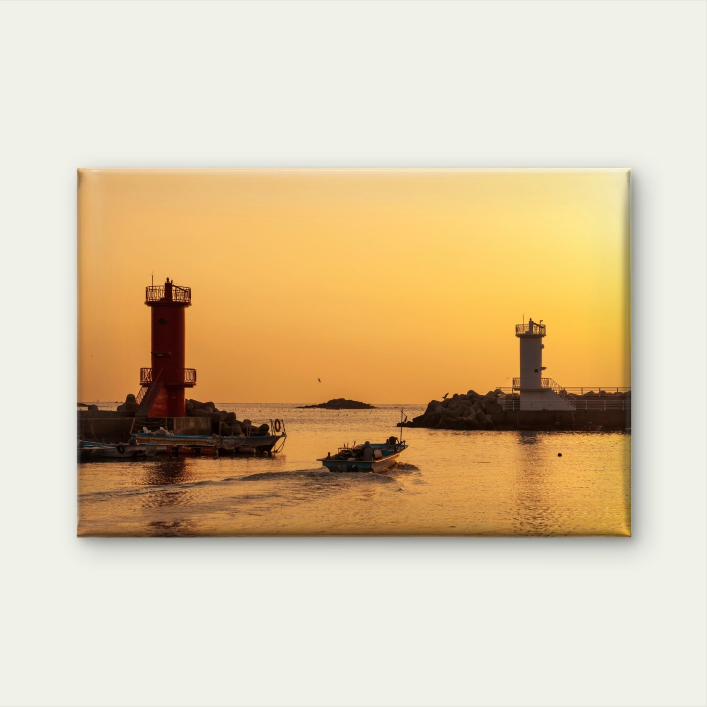Golden sunset over Songjeong Port lighthouses, South Korea Wall Art Decor 100% Australian Made
