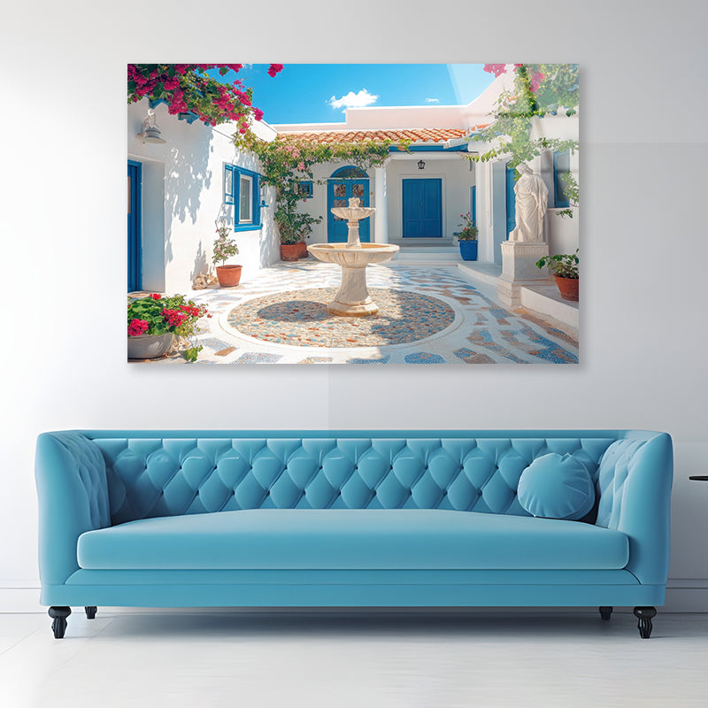 Courtyard with a Fountain and a Statue of a Woman Acrylic Glass Print Tempered Glass Wall Art 100% Made in Australia Ready to Hang - Bella Home Decor