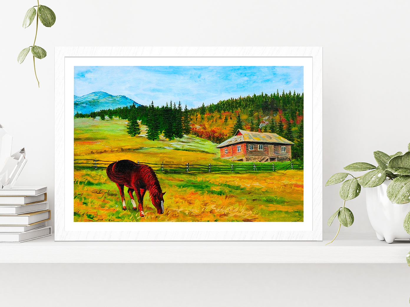 Horse Near The House Mountain Landscape Oil Painting Glass Framed Wall Art, Ready to Hang Quality Print With White Border White