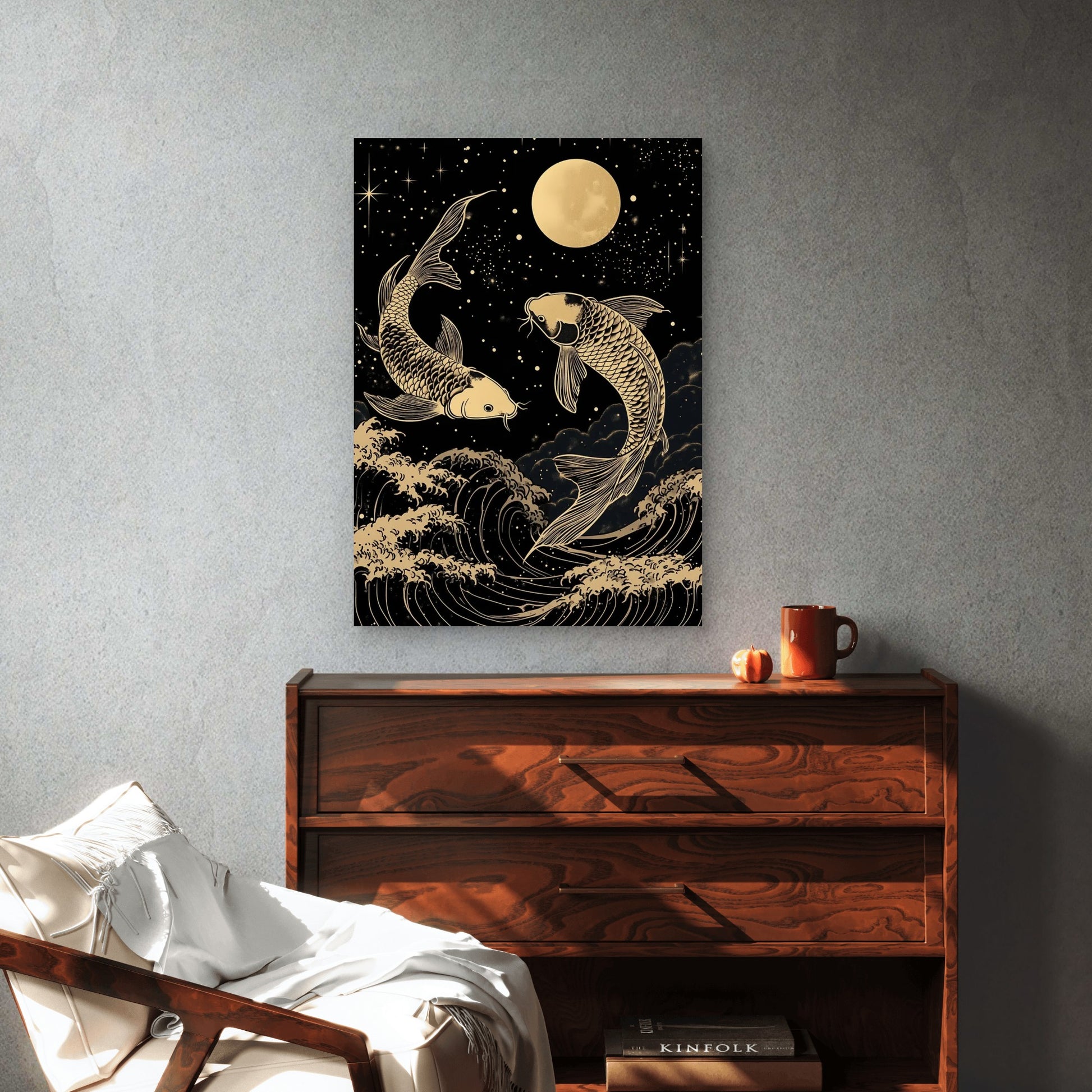Gold Koi Fish Moon Waves 60x90cm Metal Print Ready to Hang - Bella Home Decor