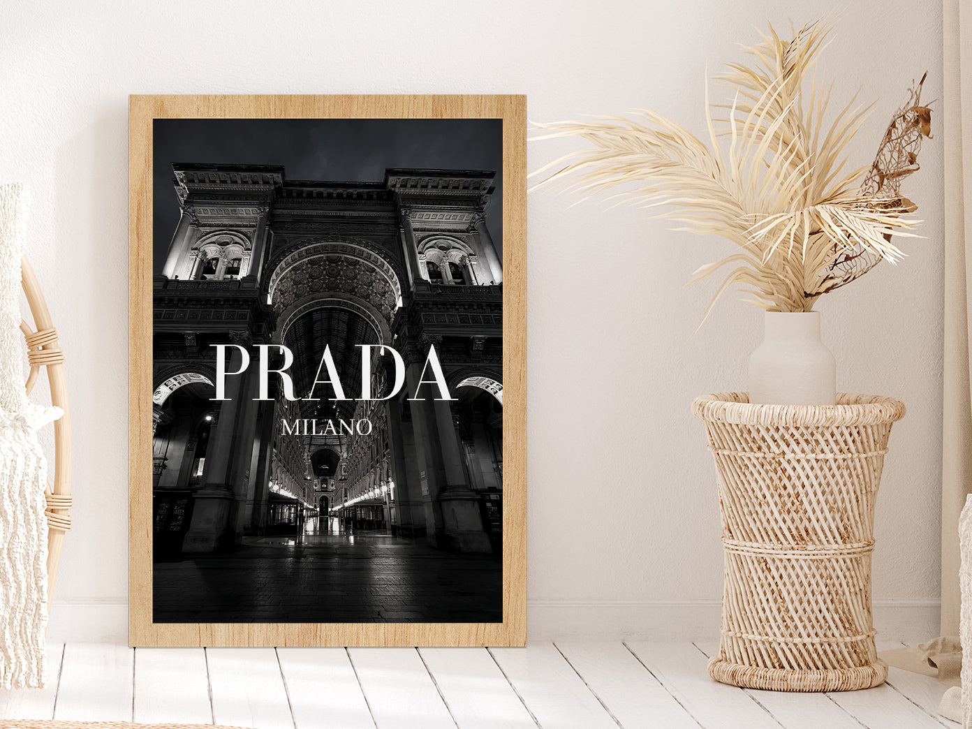 Night Fashion Store Building B&W Photograph Glass Framed Wall Art, Ready to Hang Quality Print Without White Border Oak