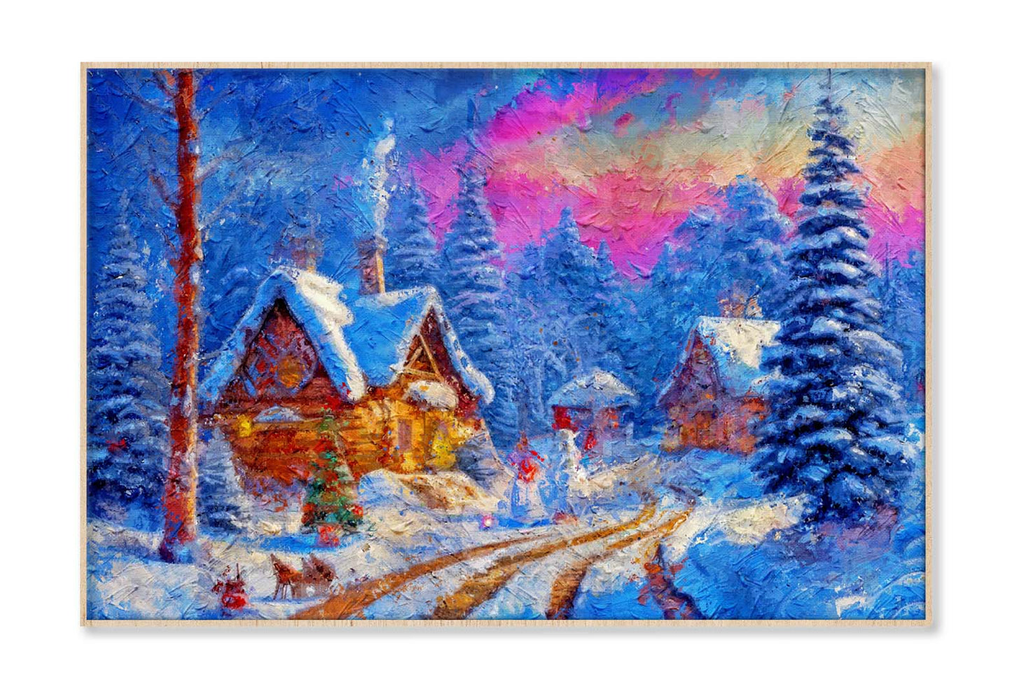 Winter Country Landscape with Log Houses. Christmas Pine Tree Wall Art Limited Edition High Quality Print