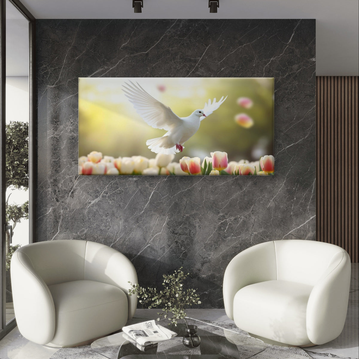 White Dove Bird Flying Spring Tulips Floral Meadow Wall Art Canvas Office Home Framed 120x60cm - Bella Home Decor