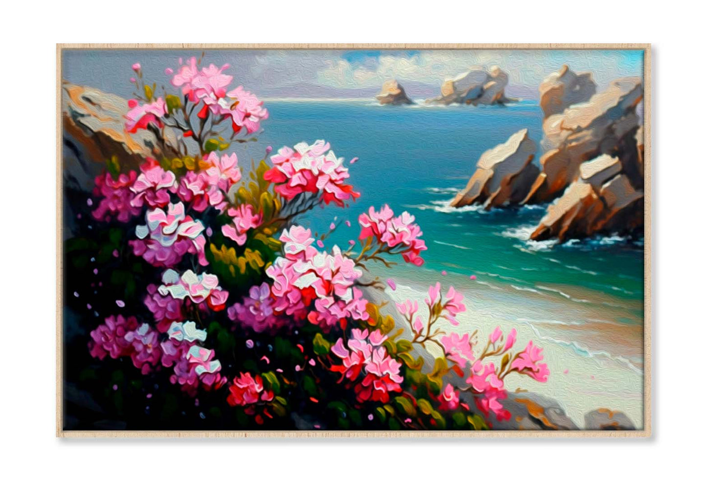 Pink Flowers by The Sea Painting Wall Art Limited Edition High Quality Print