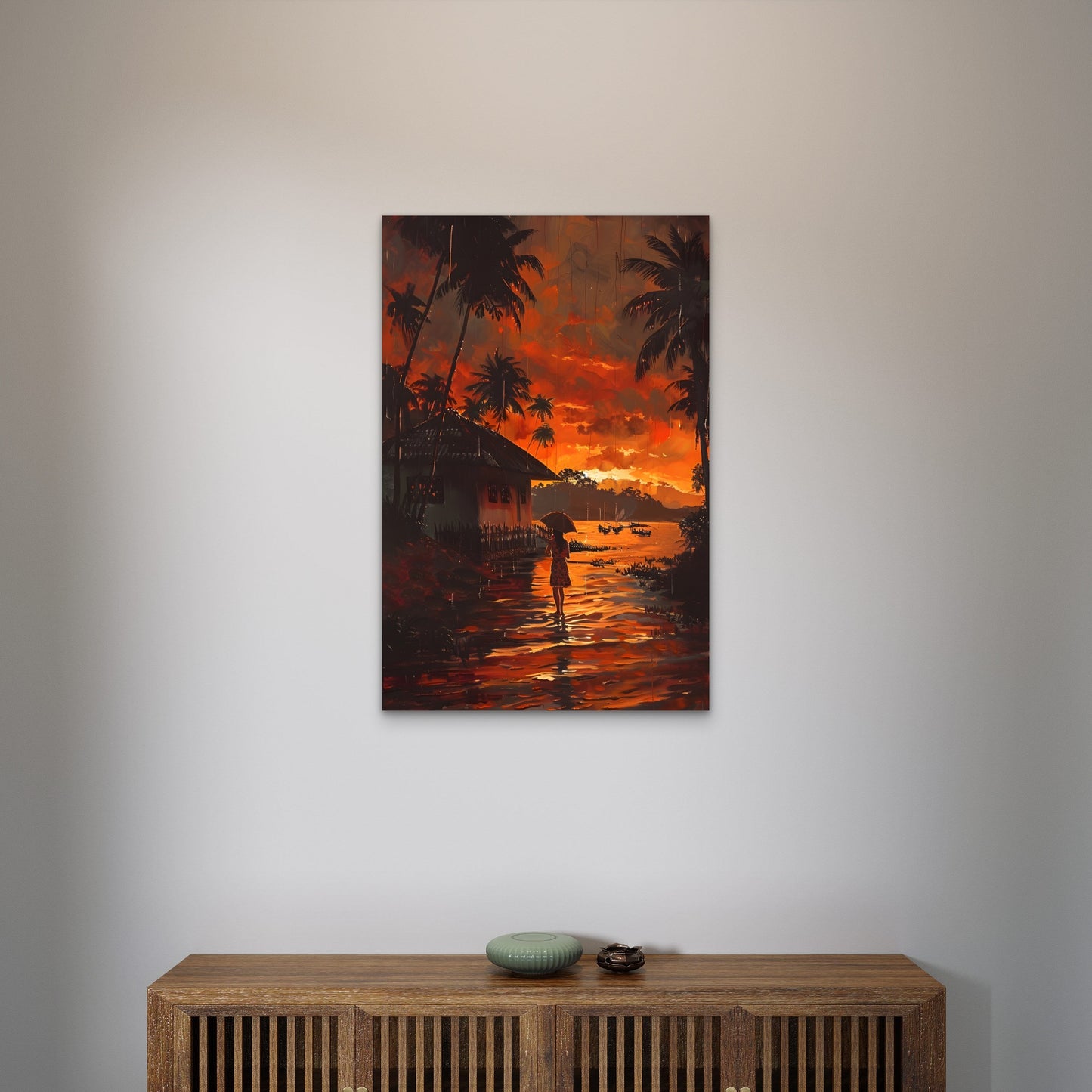 Tropical Sunset Rain Palm House 60x90cm Metal Print Ready to Hang