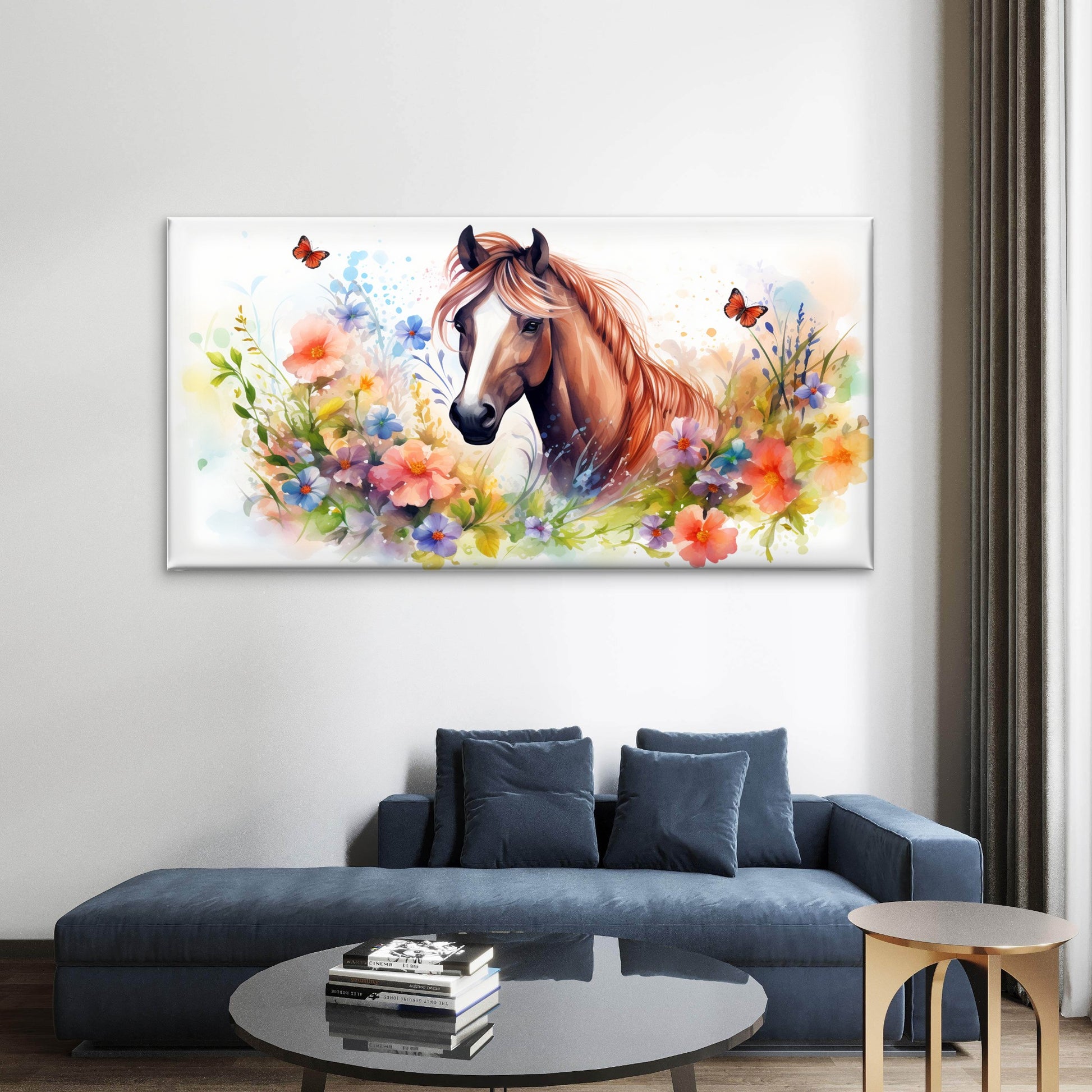 Horse Watercolor Butterfly Wall Art Canvas Office Home Room Framed 120x60cm - Bella Home Decor