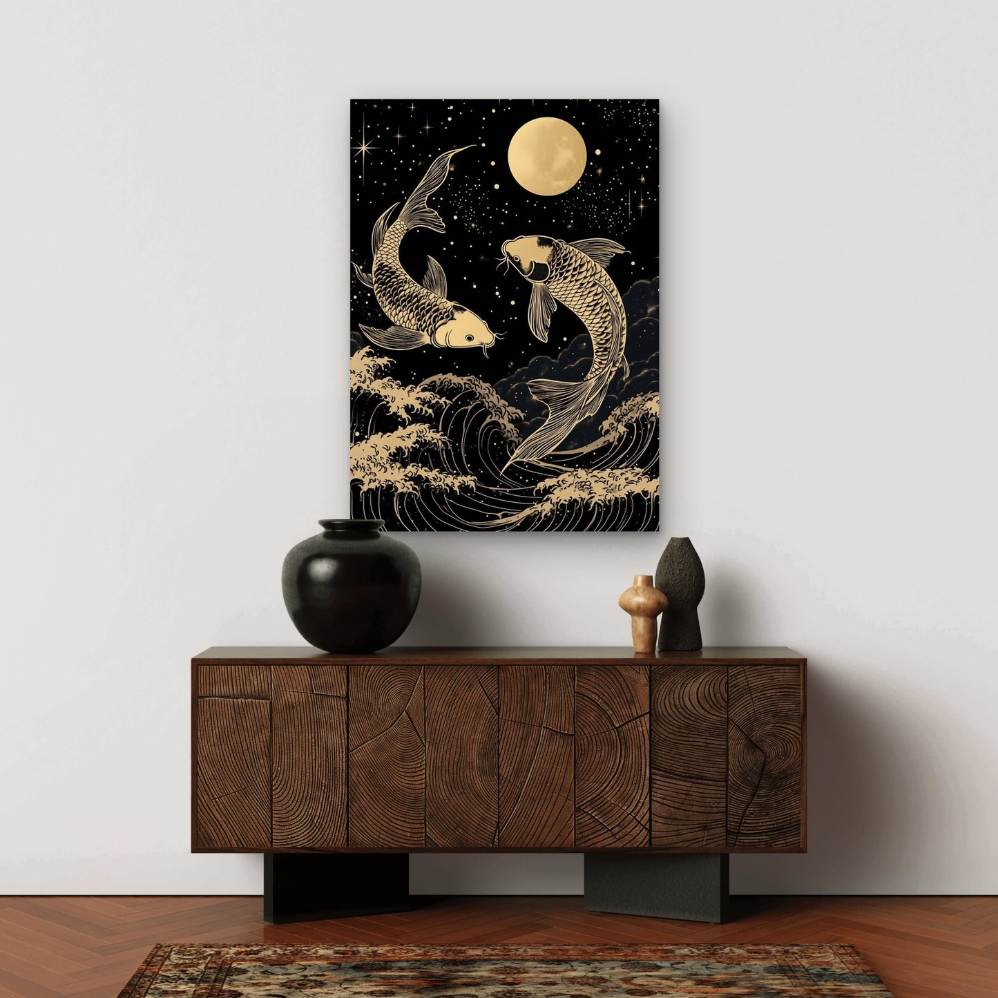 Gold Koi Fish Moon Waves 60x90cm Metal Print Ready to Hang - Bella Home Decor