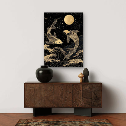 Gold Koi Fish Moon Waves 60x90cm Metal Print Ready to Hang - Bella Home Decor