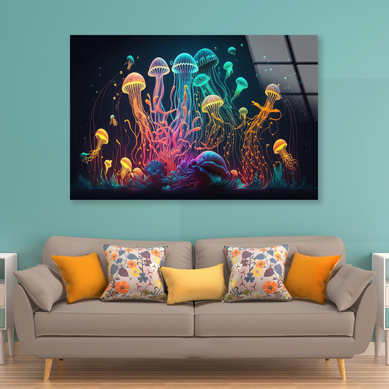 Colorful Jellyfish and Fish Float In an Ocean Acrylic Glass Print Tempered Glass Wall Art 100% Made in Australia Ready to Hang - Bella Home Decor