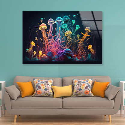 Colorful Jellyfish and Fish Float In an Ocean Acrylic Glass Print Tempered Glass Wall Art 100% Made in Australia Ready to Hang - Bella Home Decor