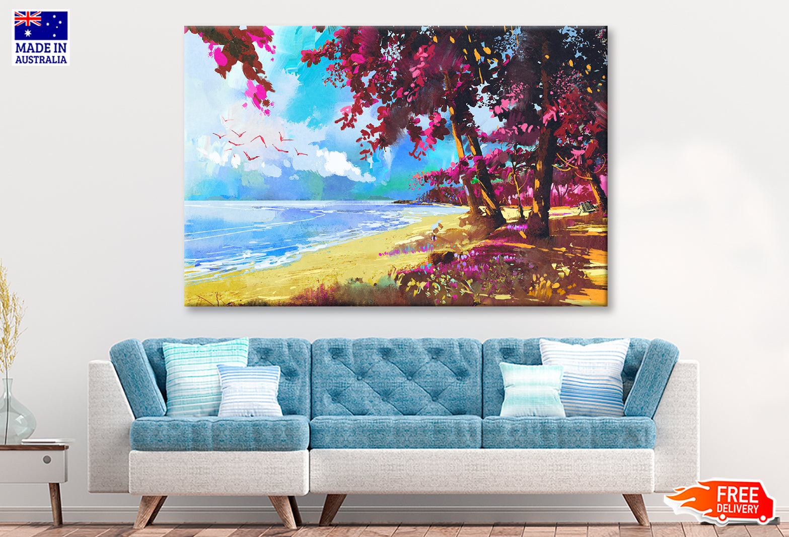 Pink Trees On The Beach Summer Landscape Oil Painting Limited Edition High Quality Print