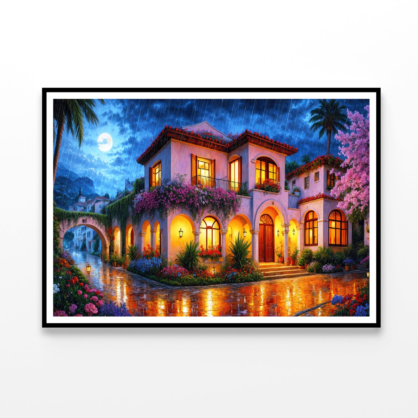 House Surrounded By Flowers at Night Home Decor Premium Quality Poster Print Choose Your Sizes