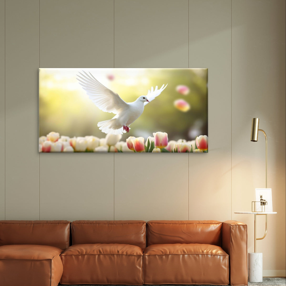 White Dove Bird Flying Spring Tulips Floral Meadow Wall Art Canvas Office Home Framed 120x60cm - Bella Home Decor