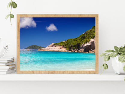 Tropical Beach With Palm Trees Glass Framed Wall Art, Ready to Hang Quality Print Without White Border Oak