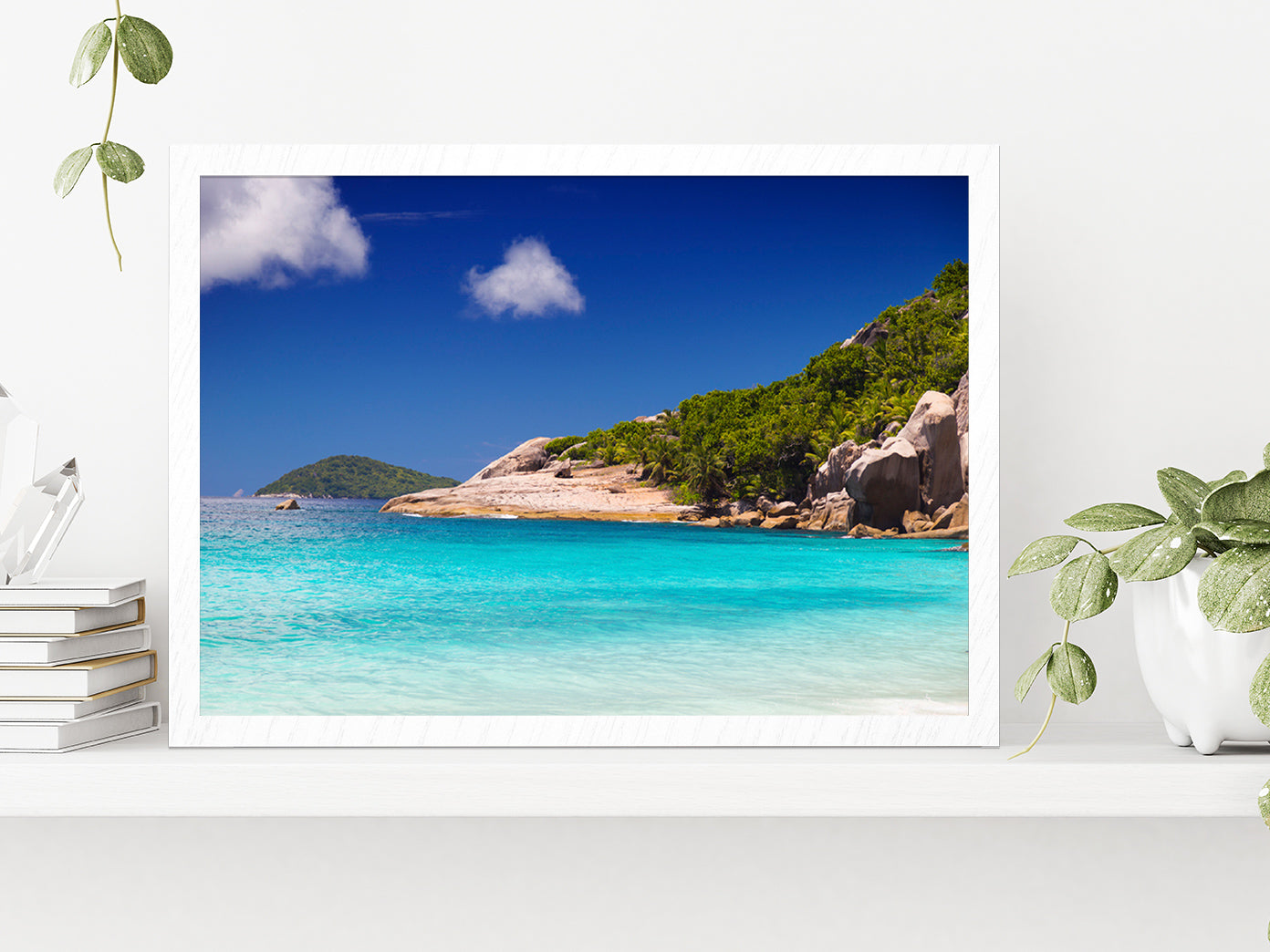 Tropical Beach With Palm Trees Glass Framed Wall Art, Ready to Hang Quality Print Without White Border White