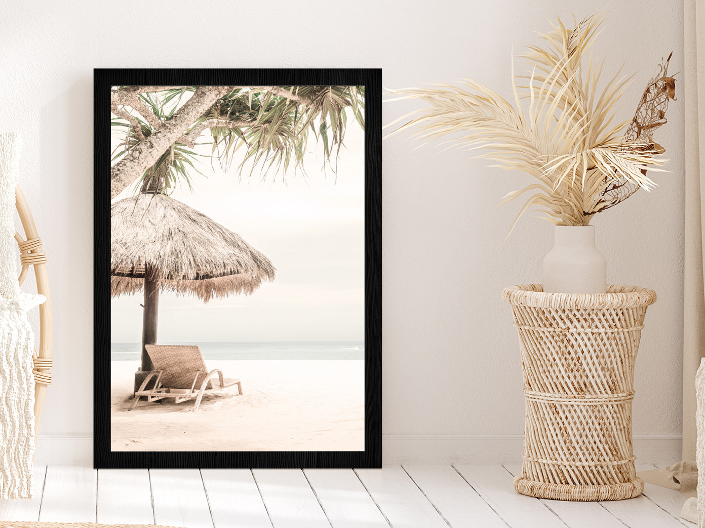 Beach Hut & Chair near Sea Faded Photograph Glass Framed Wall Art, Ready to Hang Quality Print Without White Border Black