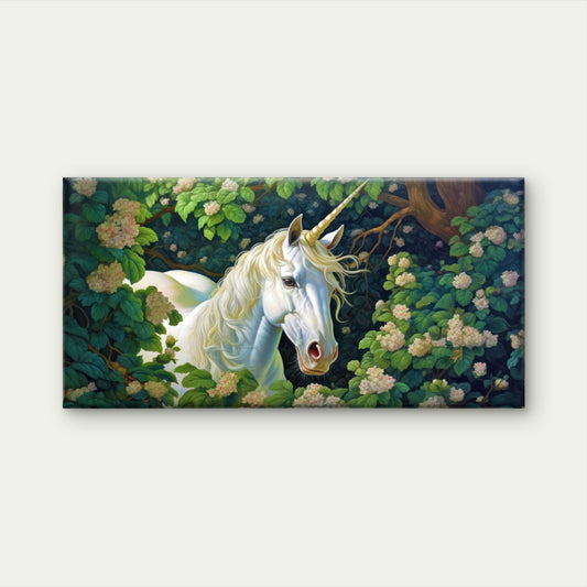 White Unicorn In Garden Fantasy Majestic Forest Wall Art Canvas Office Home Framed 120x60cm