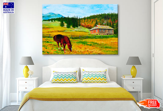 Horse Near The House Mountain Landscape Oil Painting Wall Art Limited Edition High Quality Print